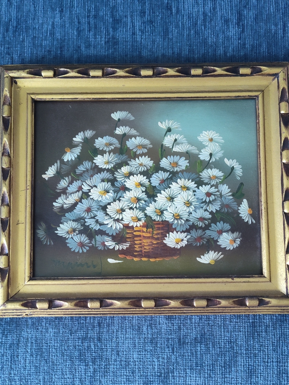 Vintage Oil on Wood Daisy Basket Original Signed Painting